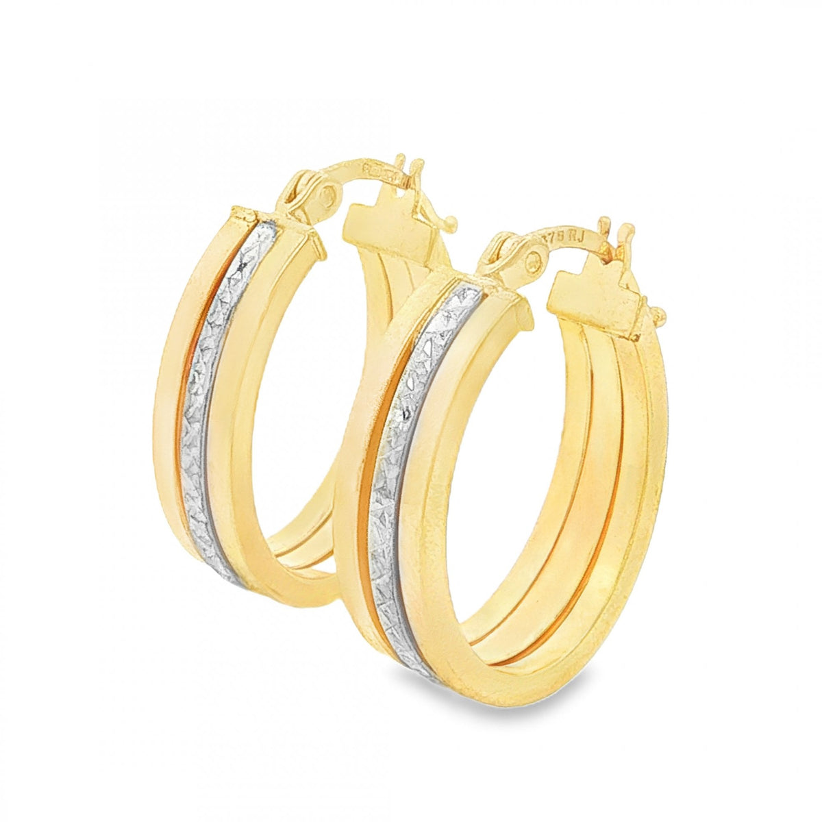 9ct Yellow & White Gold Triple Hoop Earrings - 5x20x15mm - 2.0g