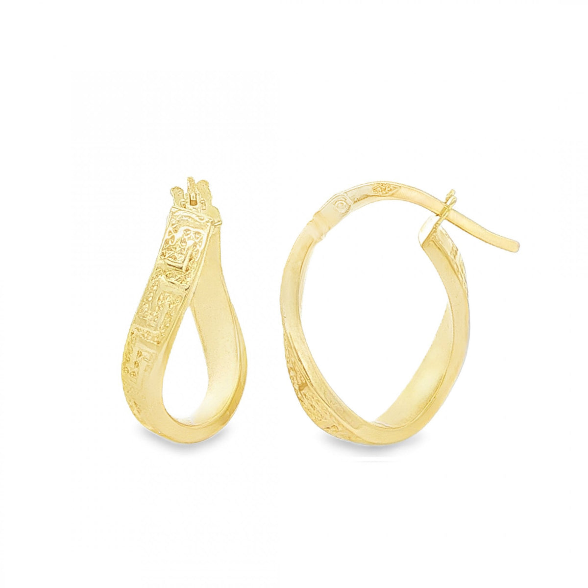 9ct Yellow Gold Greek Key Twist Hoop Earrings - 9x18x13mm - 0.8g