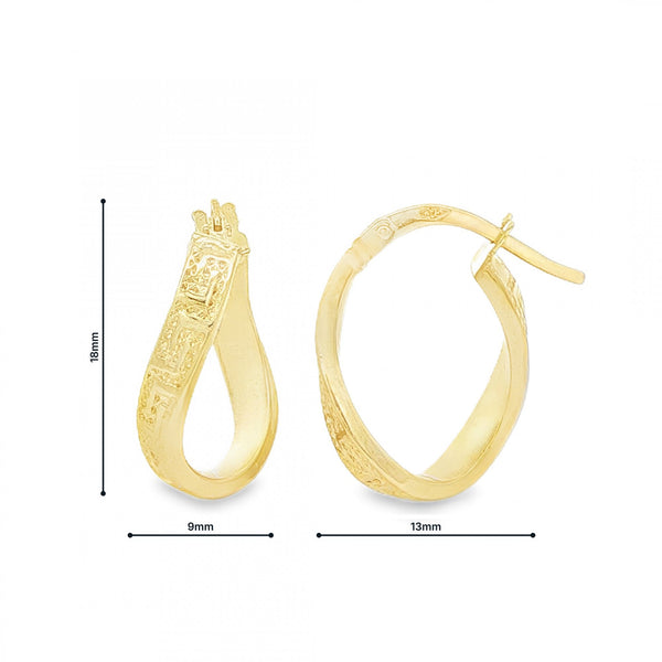 9ct Yellow Gold Greek Key Twist Hoop Earrings - 9x18x13mm - 0.8g