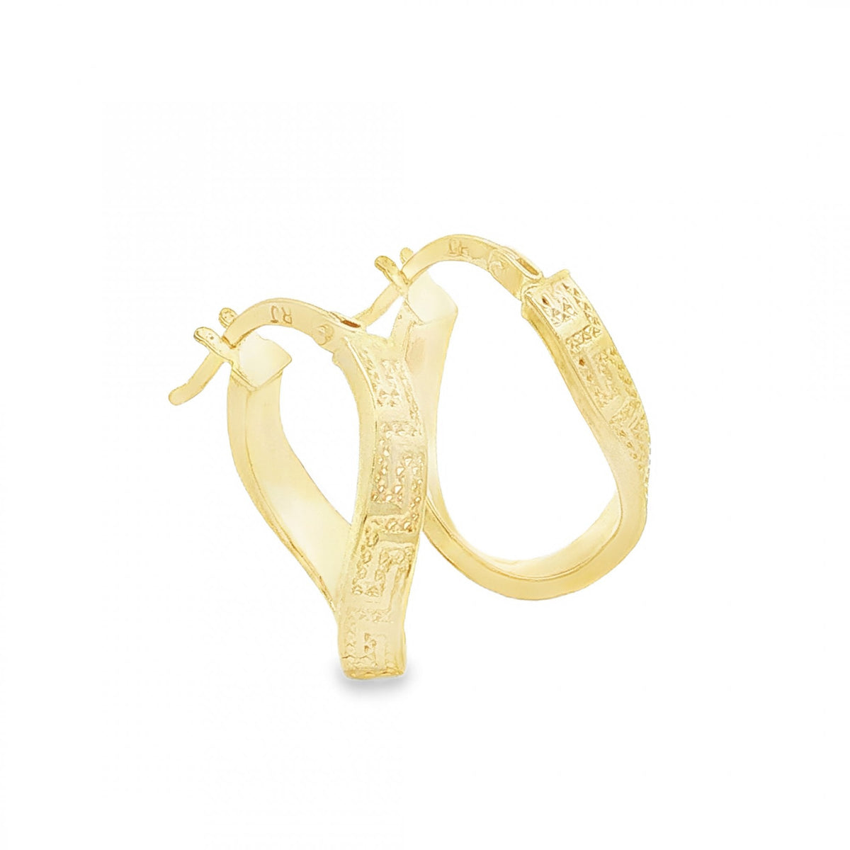 9ct Yellow Gold Greek Key Twist Hoop Earrings - 9x18x13mm - 0.8g