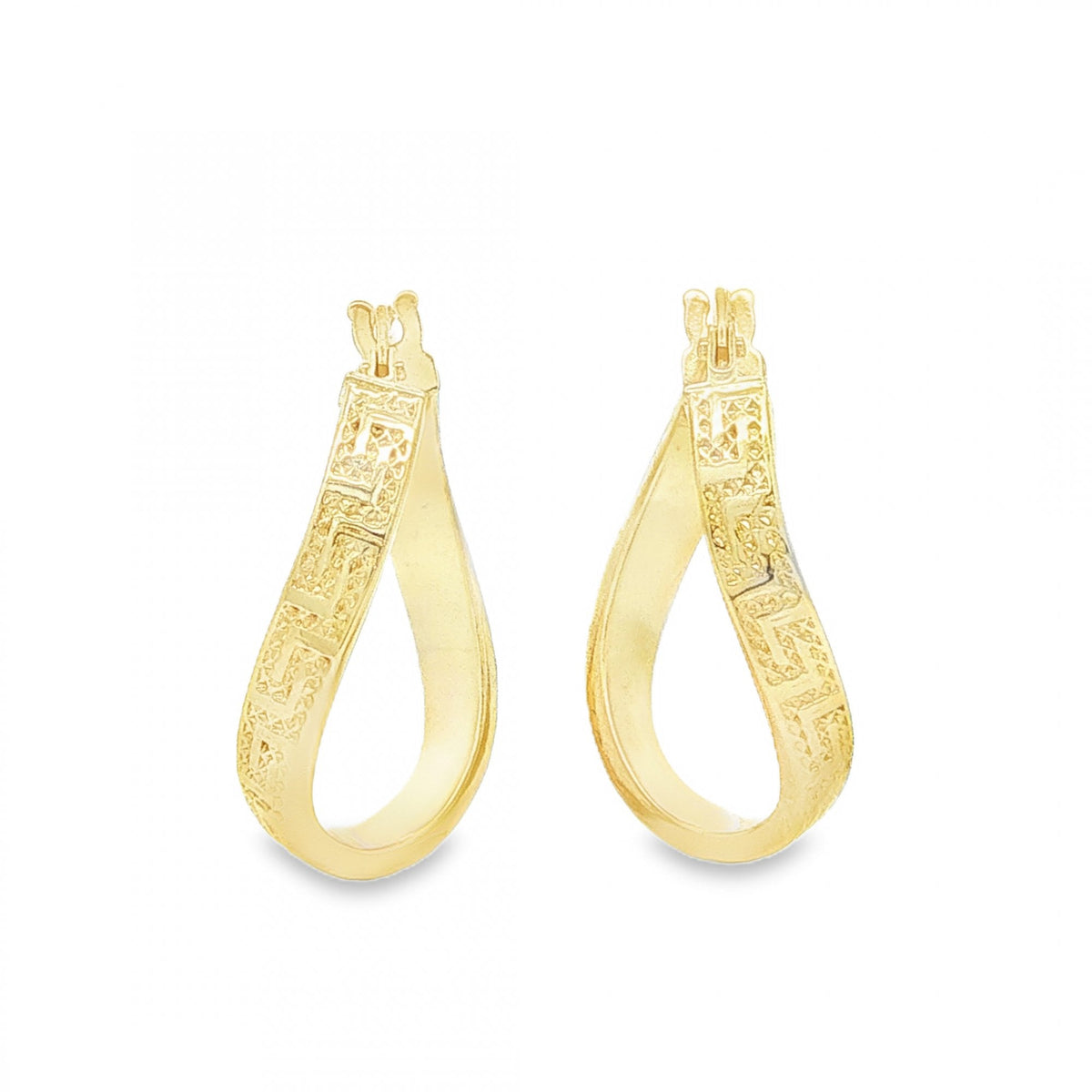 9ct Yellow Gold Greek Key Twist Hoop Earrings - 10x21x16mm -1.0g