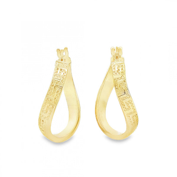 9ct Yellow Gold Greek Key Twist Hoop Earrings - 10x21x16mm -1.0g