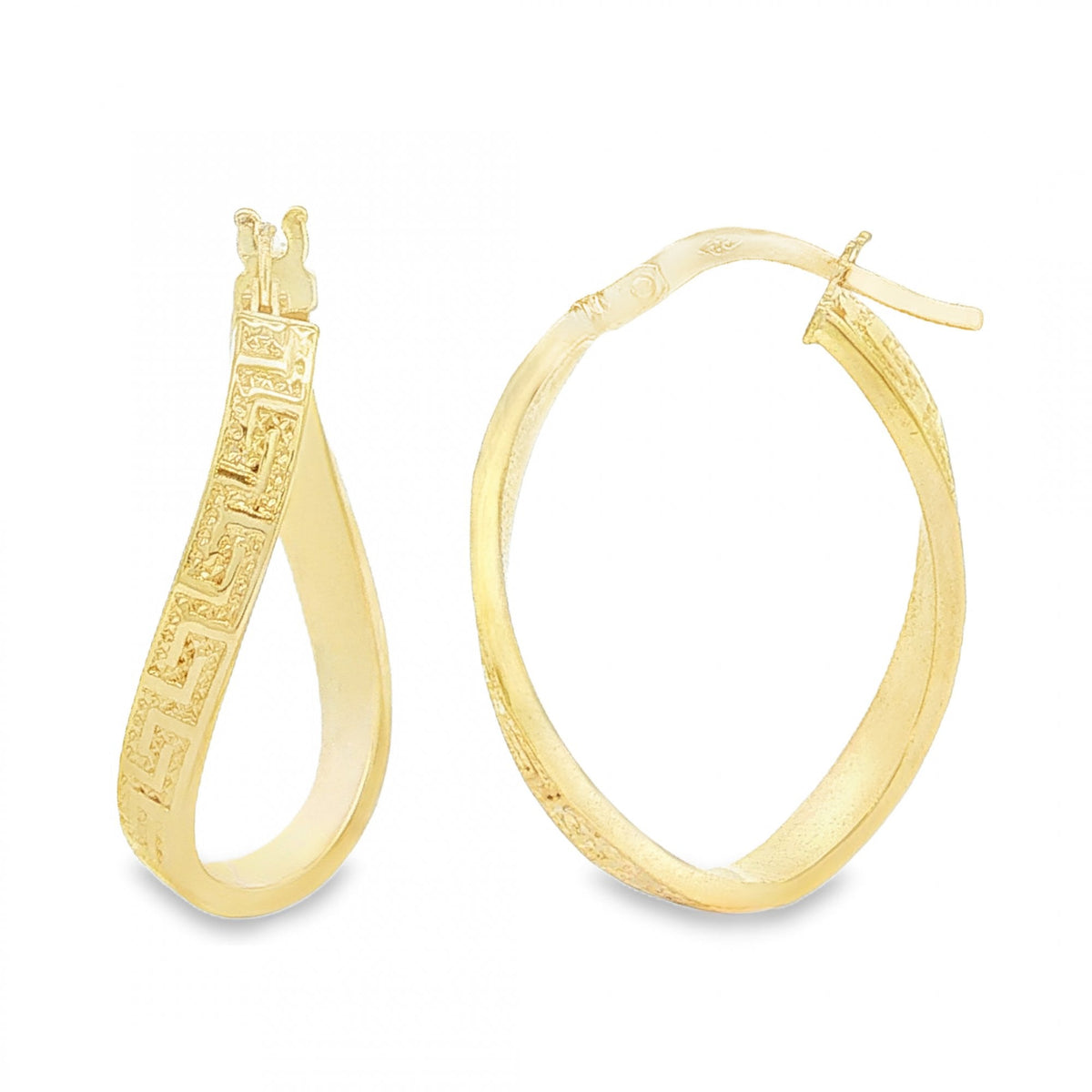 9ct Yellow Gold Greek Key Twist Hoop Earrings - 10x36x17mm -1.1g