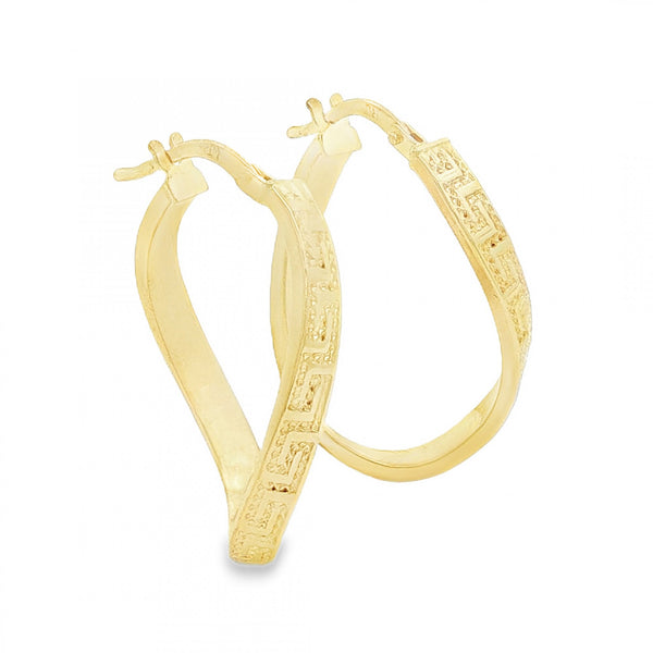 9ct Yellow Gold Greek Key Twist Hoop Earrings - 10x36x17mm -1.1g