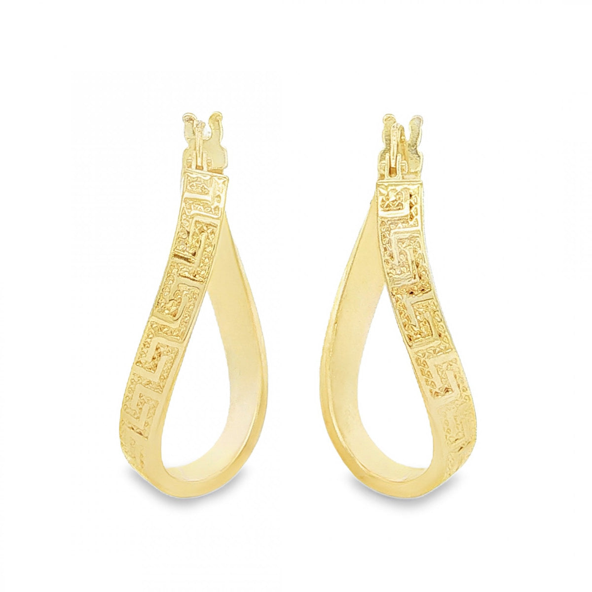 9ct Yellow Gold Greek Key Twist Hoop Earrings - 10x36x17mm -1.1g