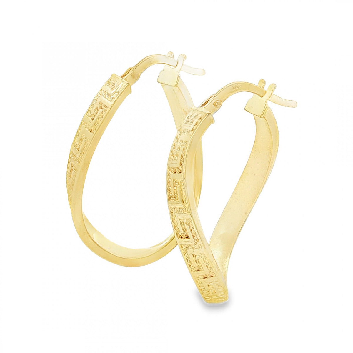 9ct Yellow Gold Greek Key Twist Hoop Earrings - 10x36x17mm -1.1g