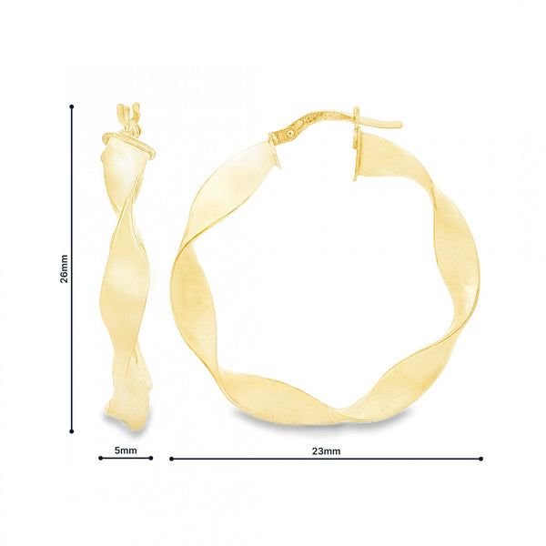 9ct Yellow Gold Twist Ribbon Hoop Earrings - 5x26x23mm - 1.6g