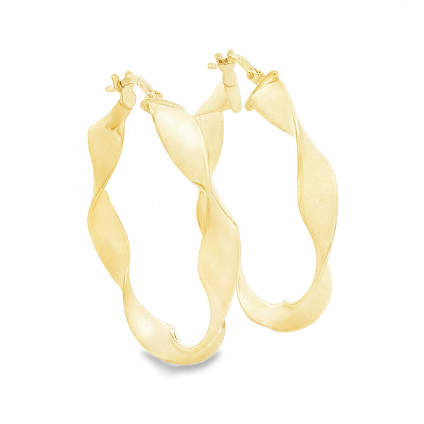 9ct Yellow Gold Twist Ribbon Hoop Earrings - 5x26x23mm - 1.6g