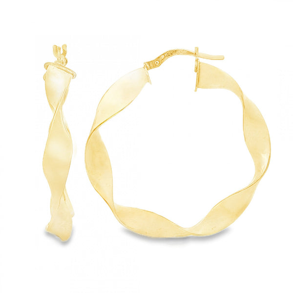 9ct Yellow Gold Twist Ribbon Hoop Earrings - 5x30x28mm - 2.0g