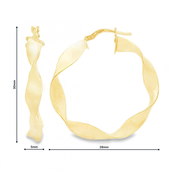 9ct Yellow Gold Twist Ribbon Hoop Earrings - 5x30x28mm - 2.0g