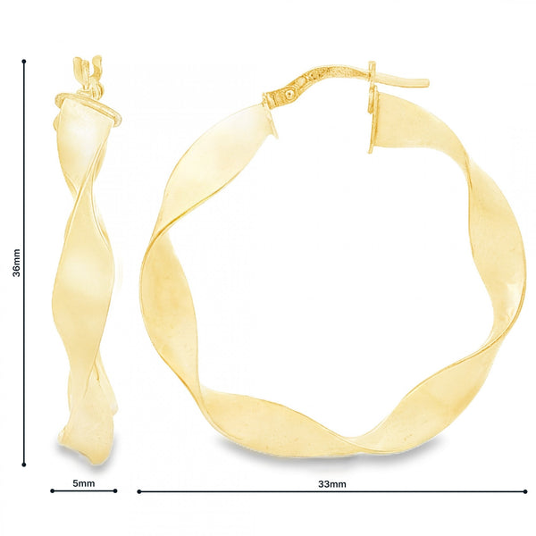 9ct Yellow Gold Twist Ribbon Hoop Earrings - 5x36x33mm - 2.3g