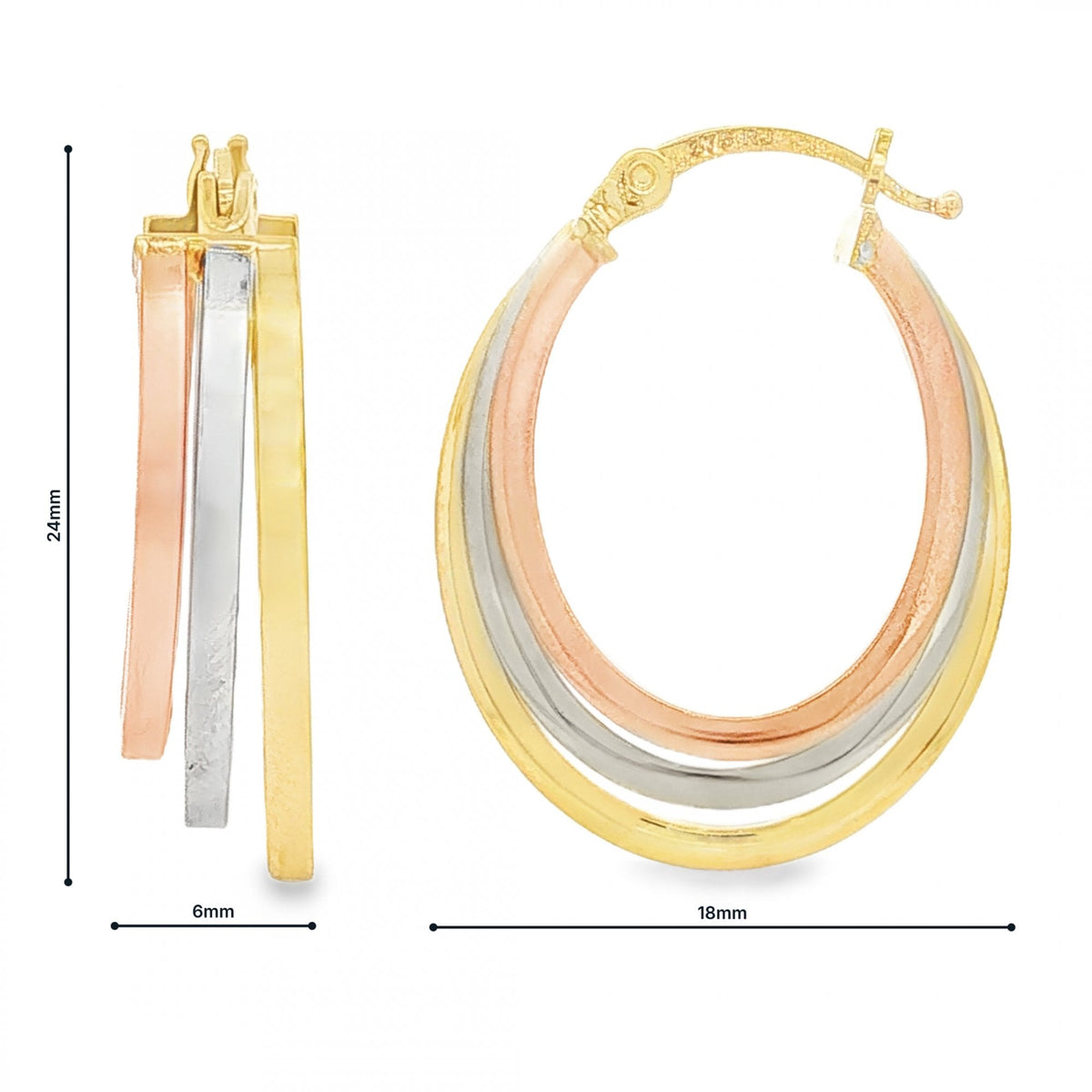 9ct Multi-Tone Gold Graduated Triple Hoop Earrings - 6x24x18mm
