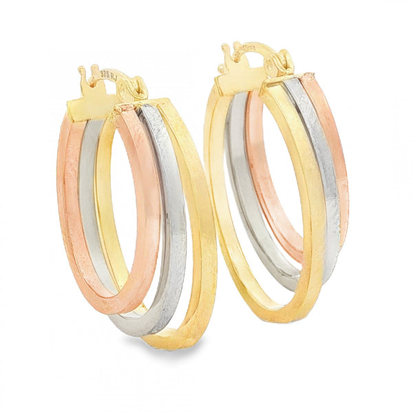 9ct Multi-Tone Gold Graduated Triple Hoop Earrings - 6x24x18mm