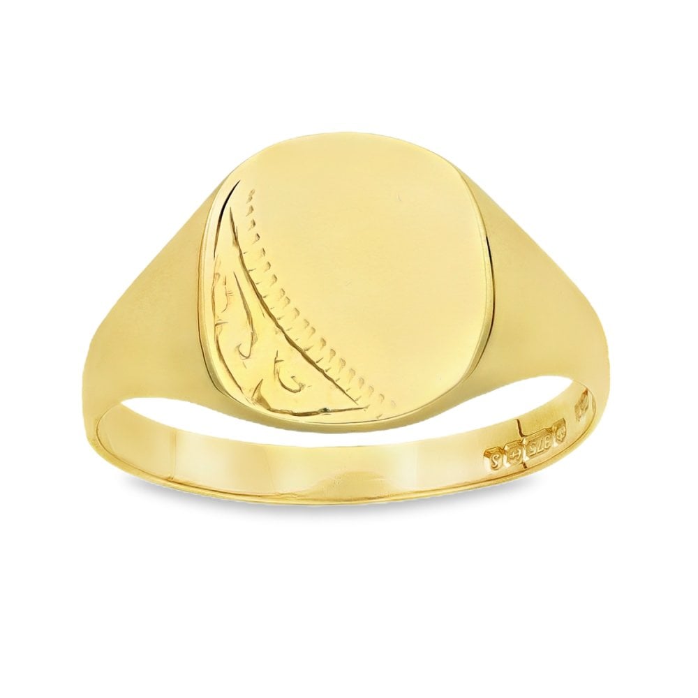 9ct Yellow Gold Engraved-Edge Signet Ring - Size S - 12mm
