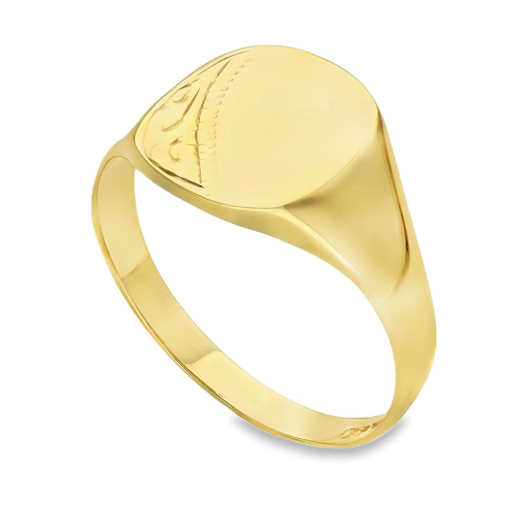 9ct Yellow Gold Engraved-Edge Signet Ring - Size S - 12mm