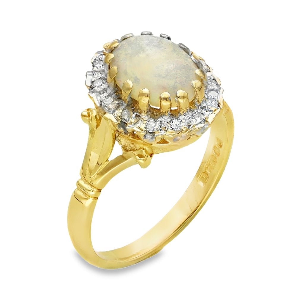 18ct Yellow Gold Opal & Diamond Halo Ring - Size M½ - 0.86ct