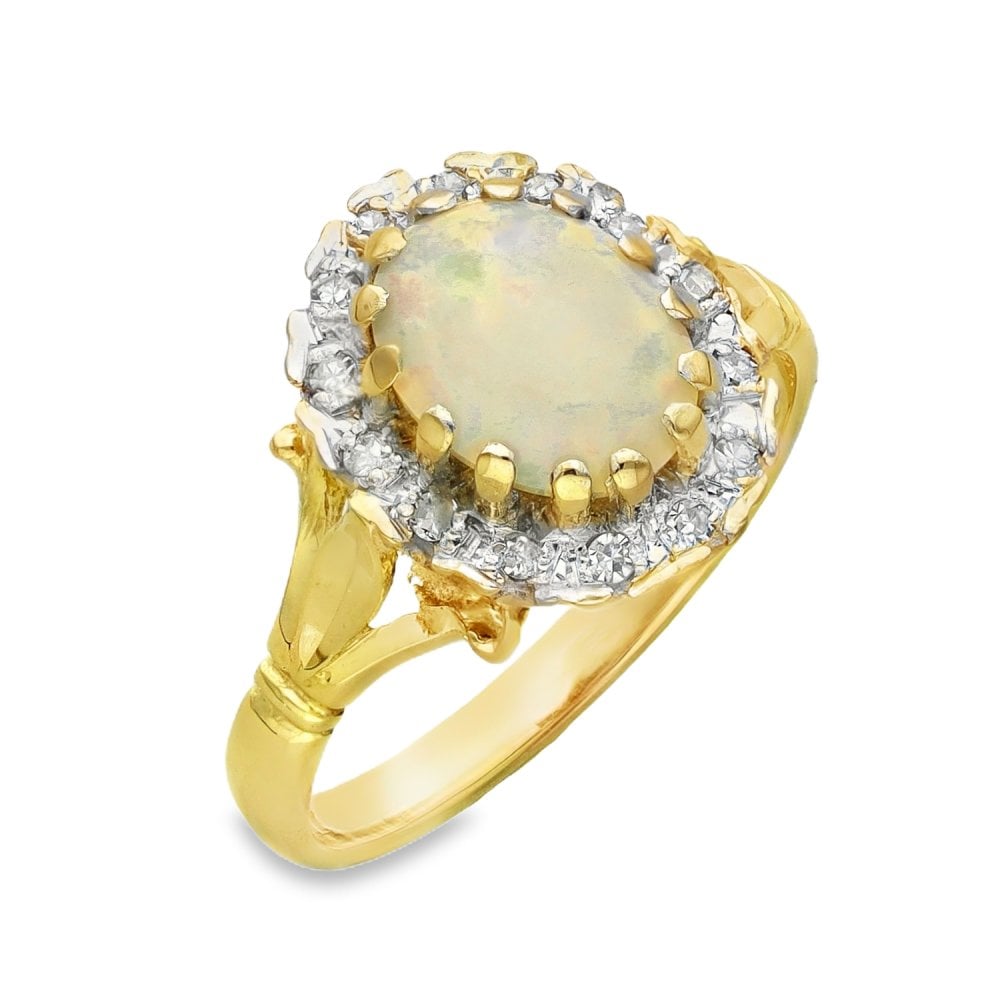 18ct Yellow Gold Opal & Diamond Halo Ring - Size M½ - 0.86ct