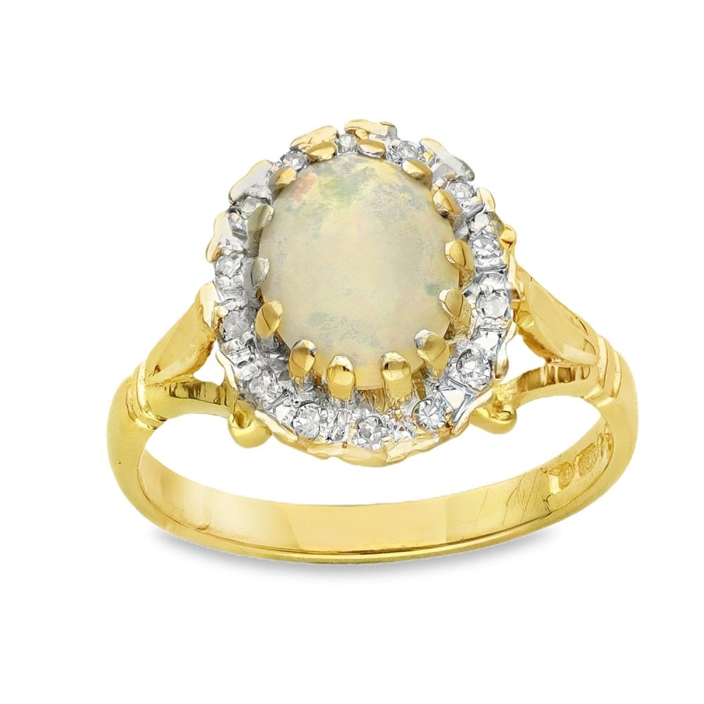18ct Yellow Gold Opal & Diamond Halo Ring - Size M½ - 0.86ct