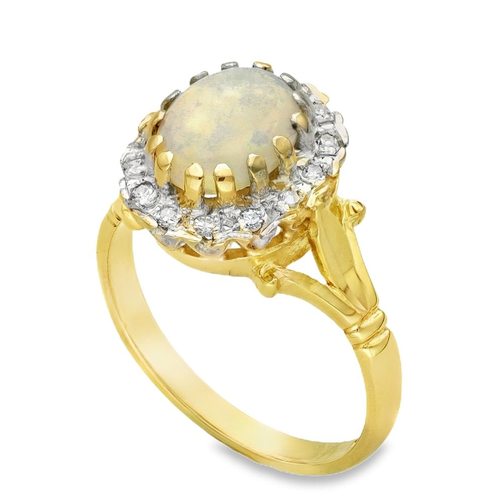 18ct Yellow Gold Opal & Diamond Halo Ring - Size M½ - 0.86ct