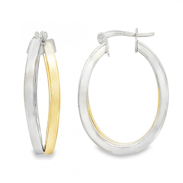 9ct Yellow & White Gold Double Hoop Earrings - 7x24x18mm - 2.8g