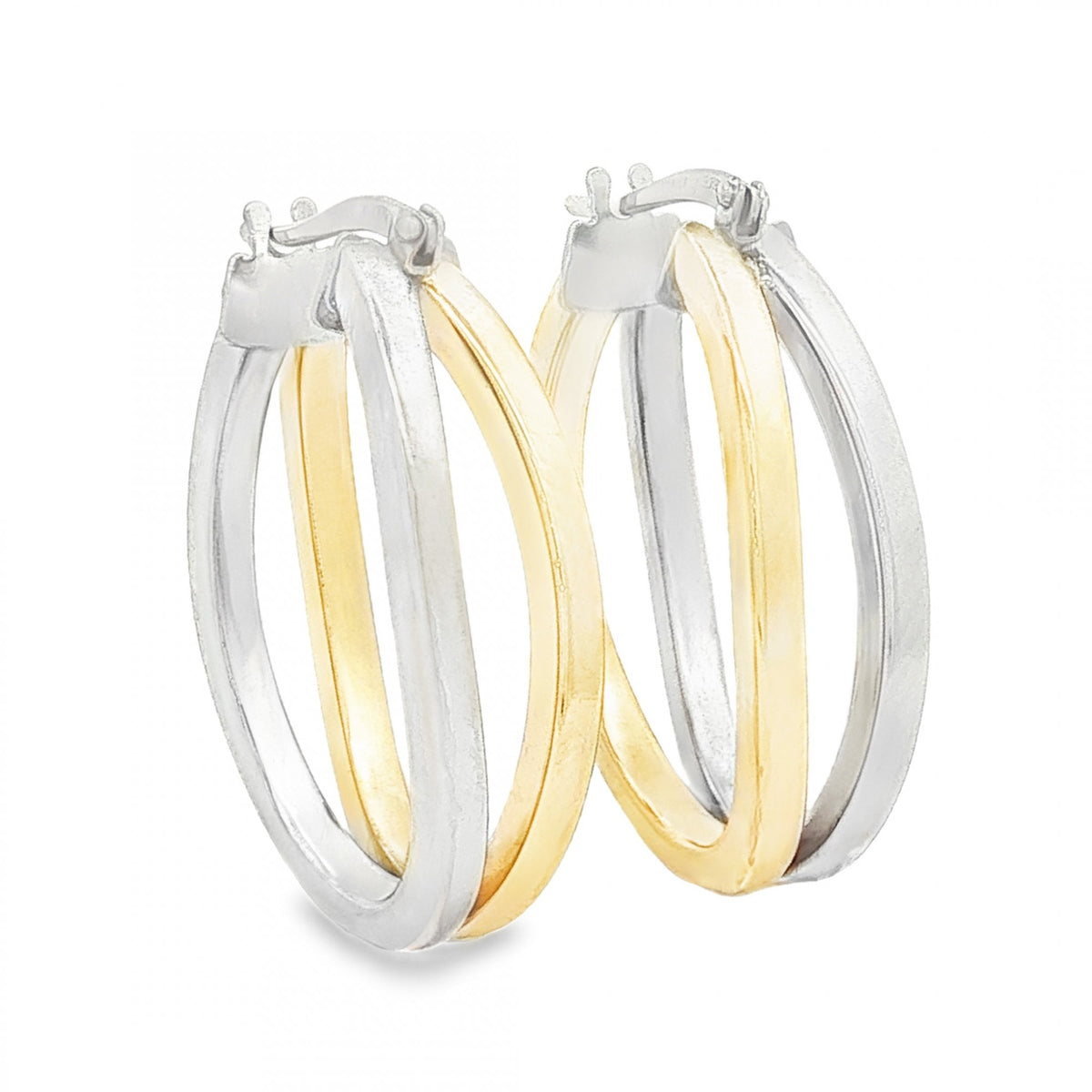 9ct Yellow & White Gold Double Hoop Earrings - 7x24x18mm - 2.8g
