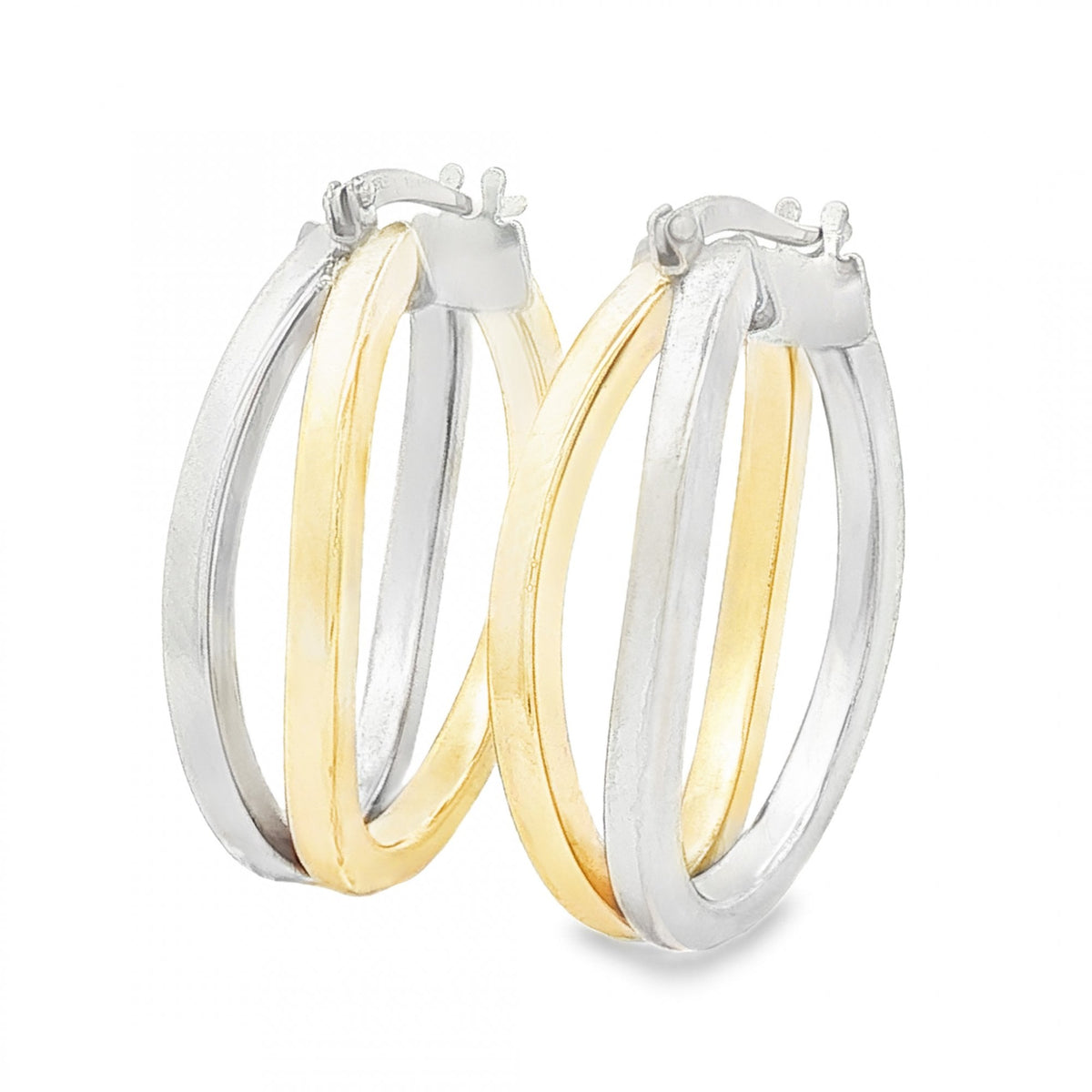 9ct Yellow & White Gold Double Hoop Earrings - 7x24x18mm - 2.8g