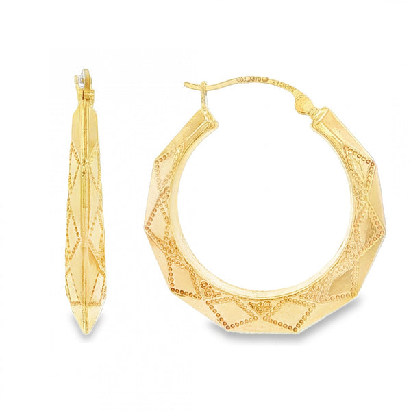 9ct Yellow Gold Faceted Hoop Earrings - 4.5x28x27mm - 2.2g