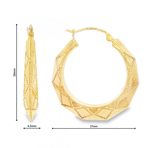 9ct Yellow Gold Faceted Hoop Earrings - 4.5x28x27mm - 2.2g