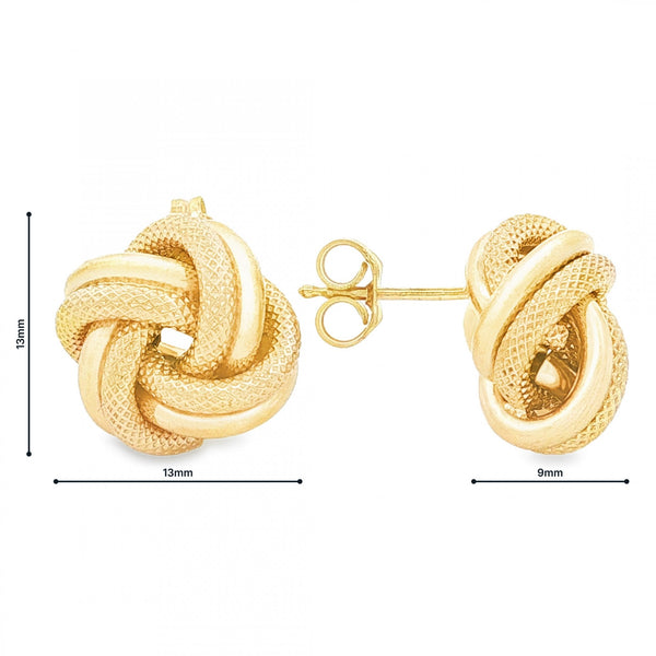 9ct Yellow Gold Double Knot Stud Earrings - 13x13x9mm - 3.2g