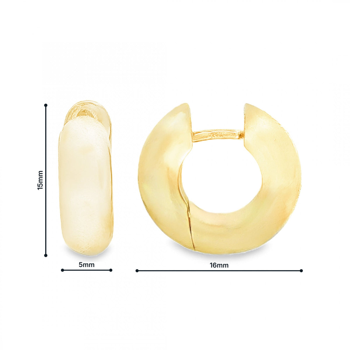 9ct Yellow Gold D-Shape Huggie Earrings - 5x15x16mm - 6.0g