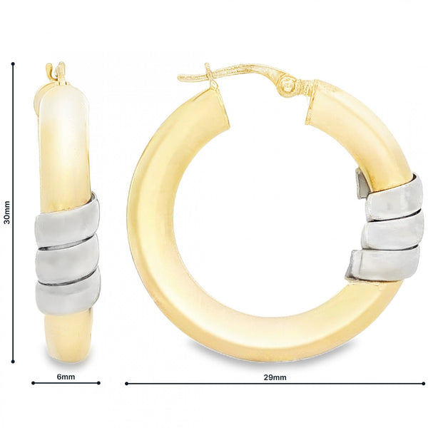 9ct Yellow & White Gold Coil Hoop Earrings - 6x30x29mm - 4.9g