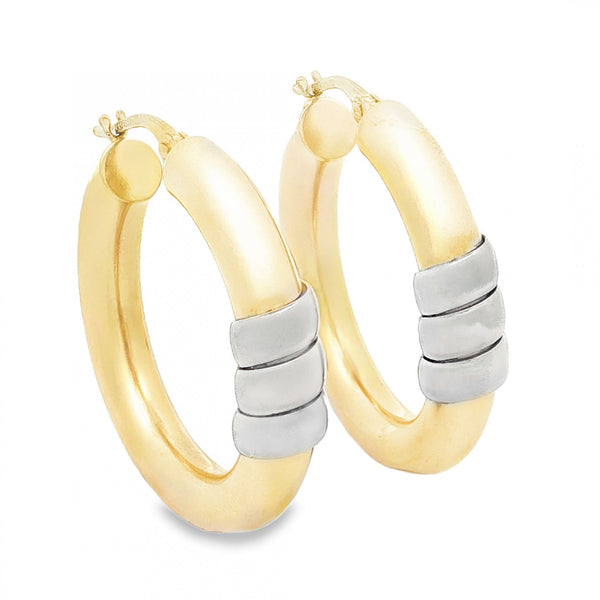 9ct Yellow & White Gold Coil Hoop Earrings - 6x30x29mm - 4.9g