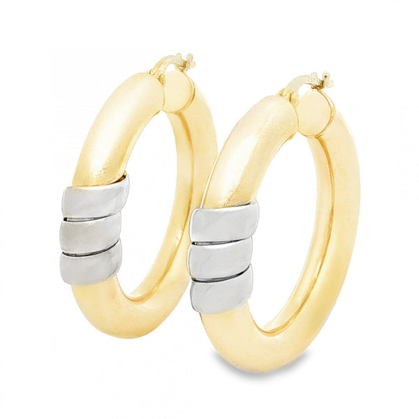 9ct Yellow & White Gold Coil Hoop Earrings - 6x30x29mm - 4.9g
