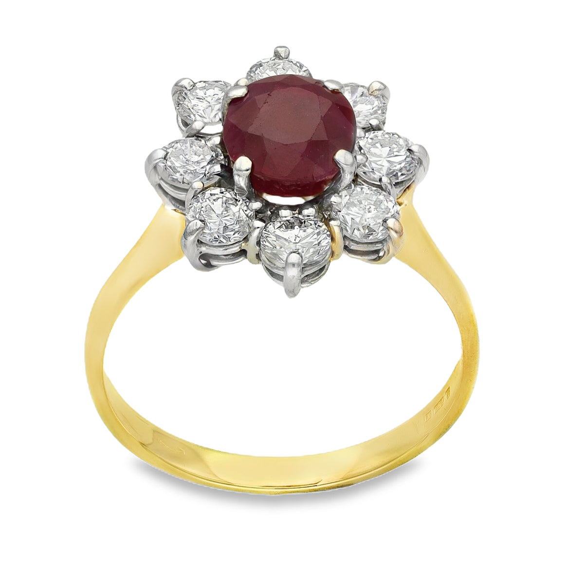 18ct Yellow Gold Ruby & Diamond Cluster Ring - Size Q - 1.20ct