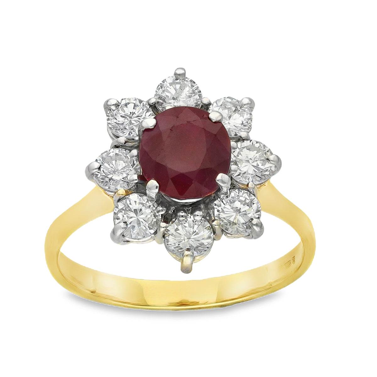 18ct Yellow Gold Ruby & Diamond Cluster Ring - Size Q - 1.20ct