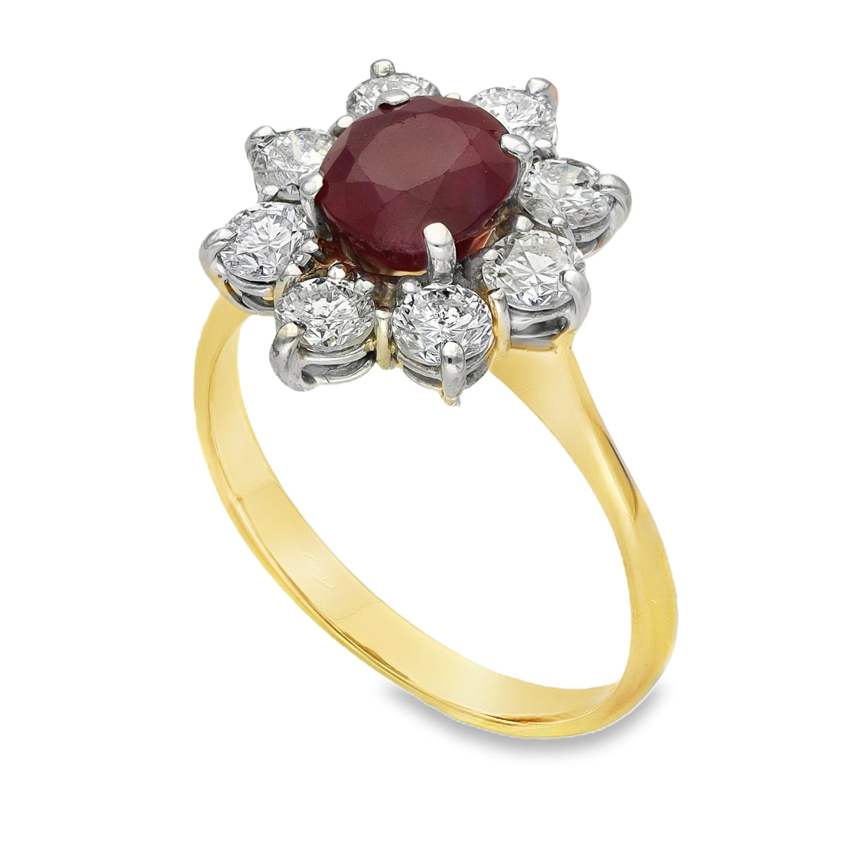 18ct Yellow Gold Ruby & Diamond Cluster Ring - Size Q - 1.20ct