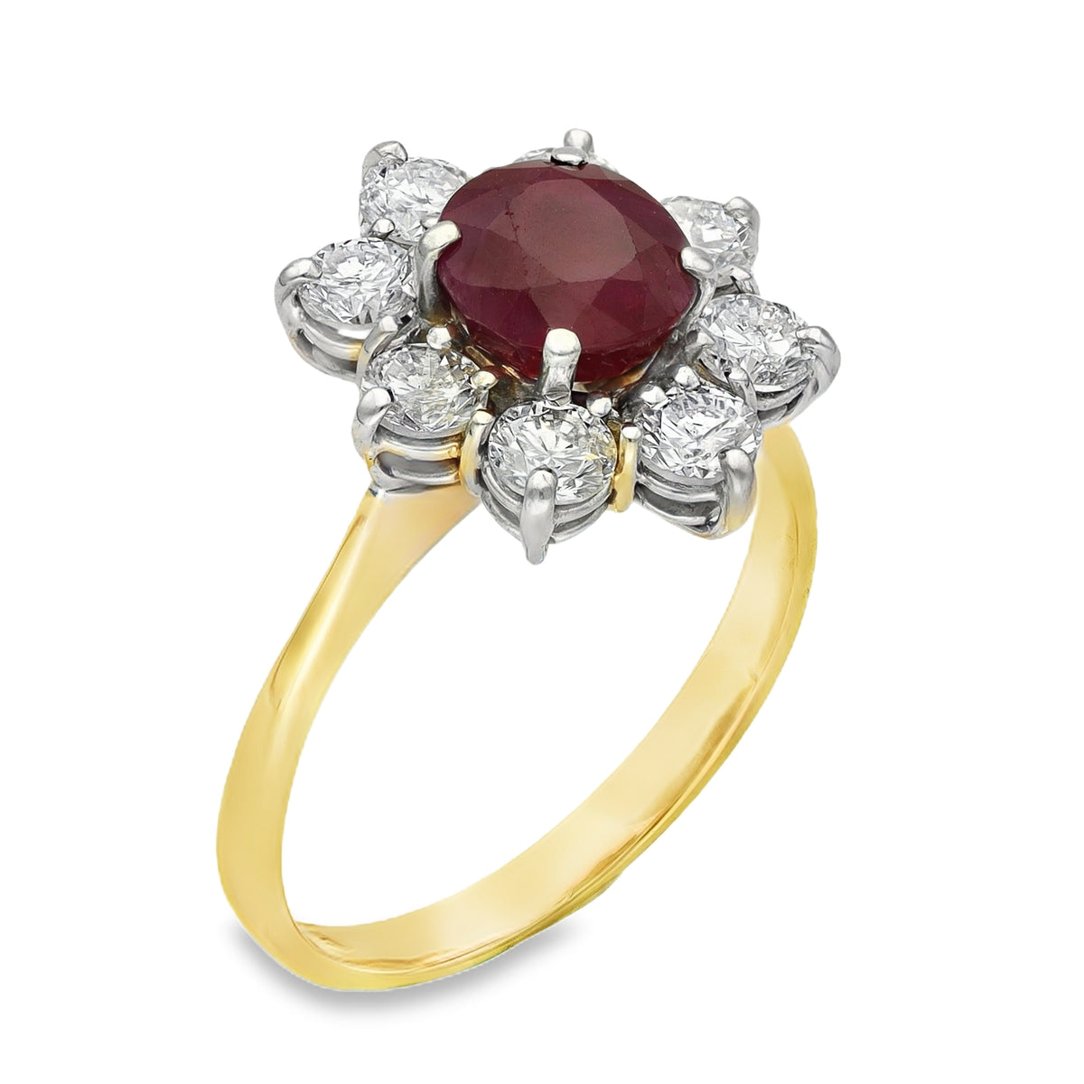 18ct Yellow Gold Ruby & Diamond Cluster Ring - Size Q - 1.20ct