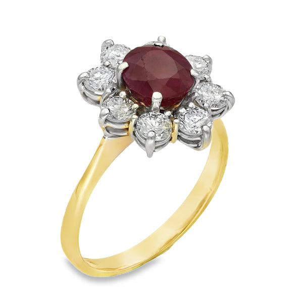 18ct Yellow Gold Ruby & Diamond Cluster Ring - Size Q - 1.20ct
