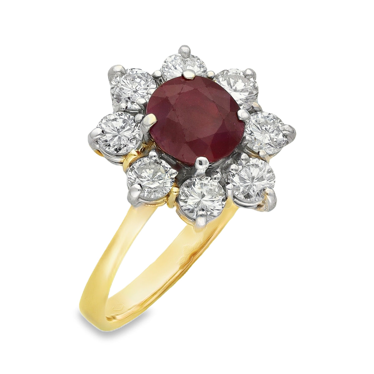18ct Yellow Gold Ruby & Diamond Cluster Ring - Size Q - 1.20ct