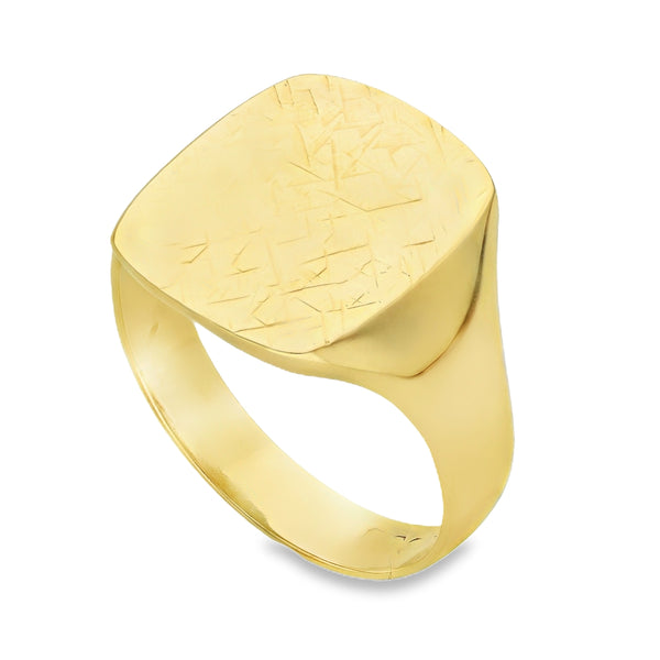 9ct Yellow Gold Nugget Cushion Signet Ring - Size V½ - 17mm