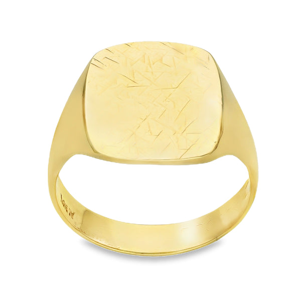 9ct Yellow Gold Nugget Cushion Signet Ring - Size V½ - 17mm