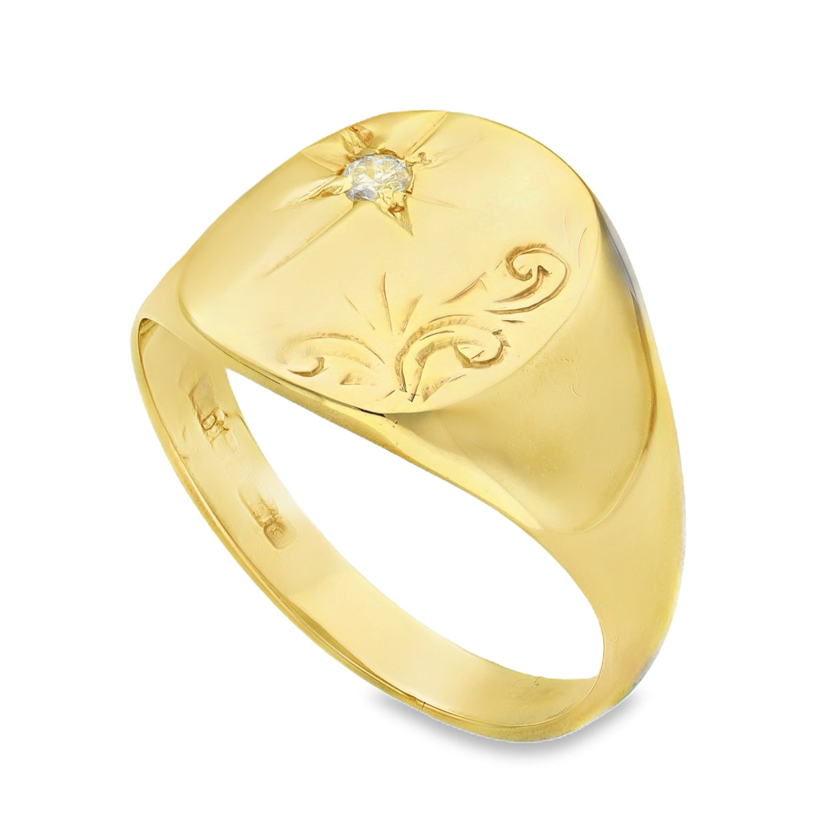 9ct Yellow Gold Diamond Cushion Signet Ring - Size R - 0.04ct