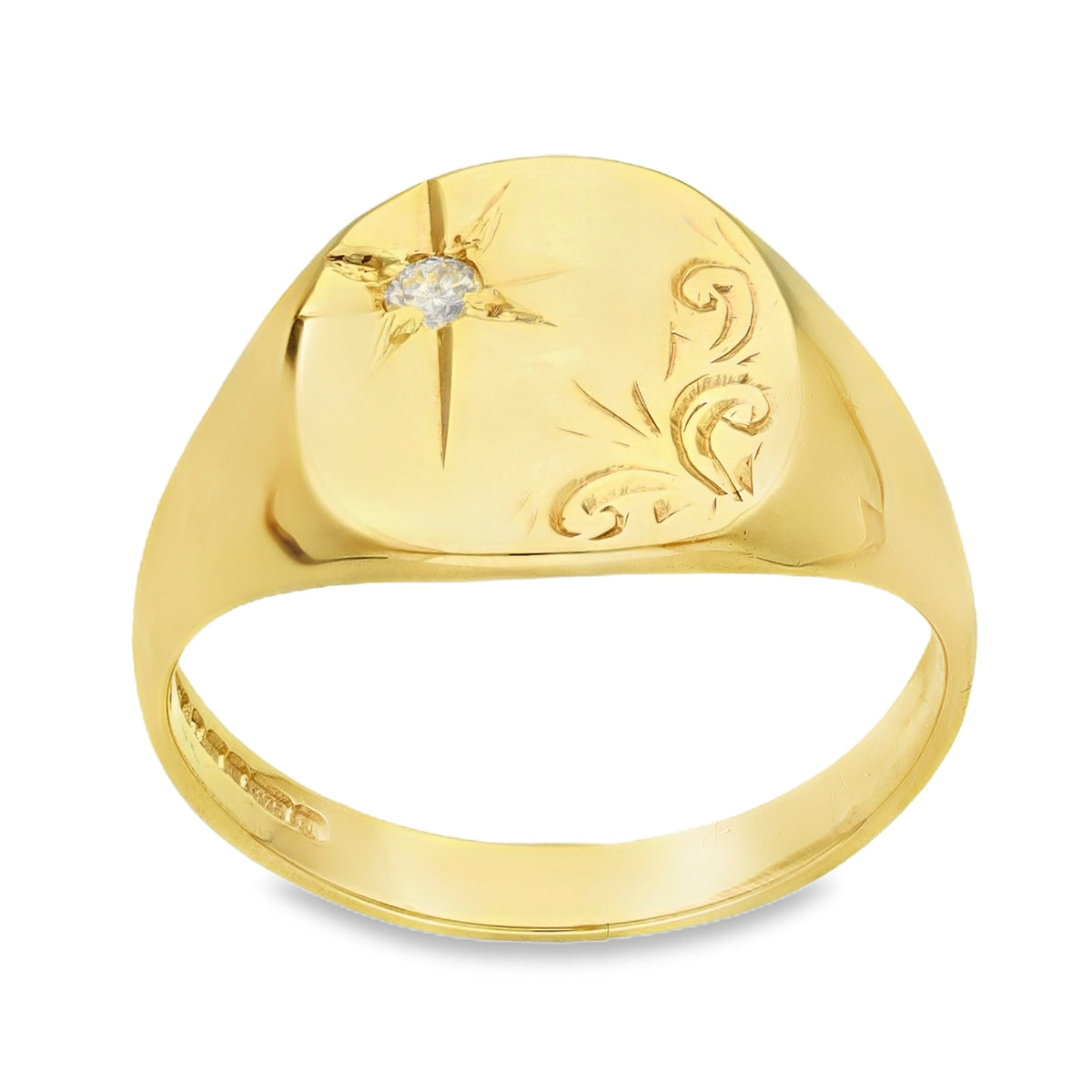 9ct Yellow Gold Diamond Cushion Signet Ring - Size R - 0.04ct