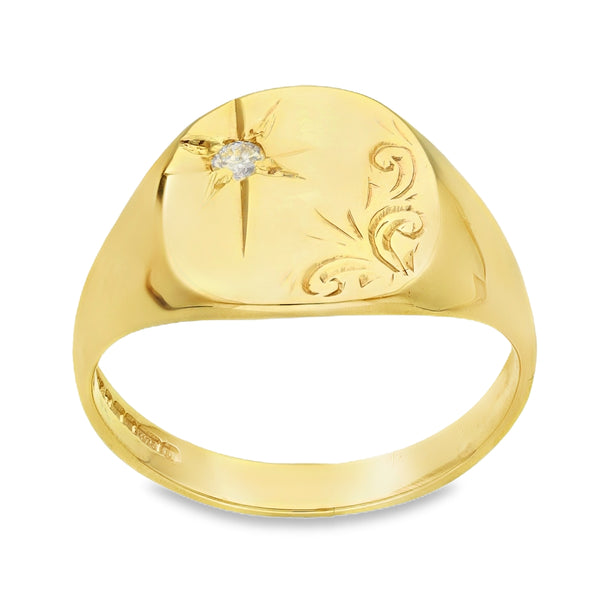 9ct Yellow Gold Diamond Cushion Signet Ring - Size R - 0.04ct