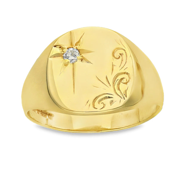 9ct Yellow Gold Diamond Cushion Signet Ring - Size R - 0.04ct