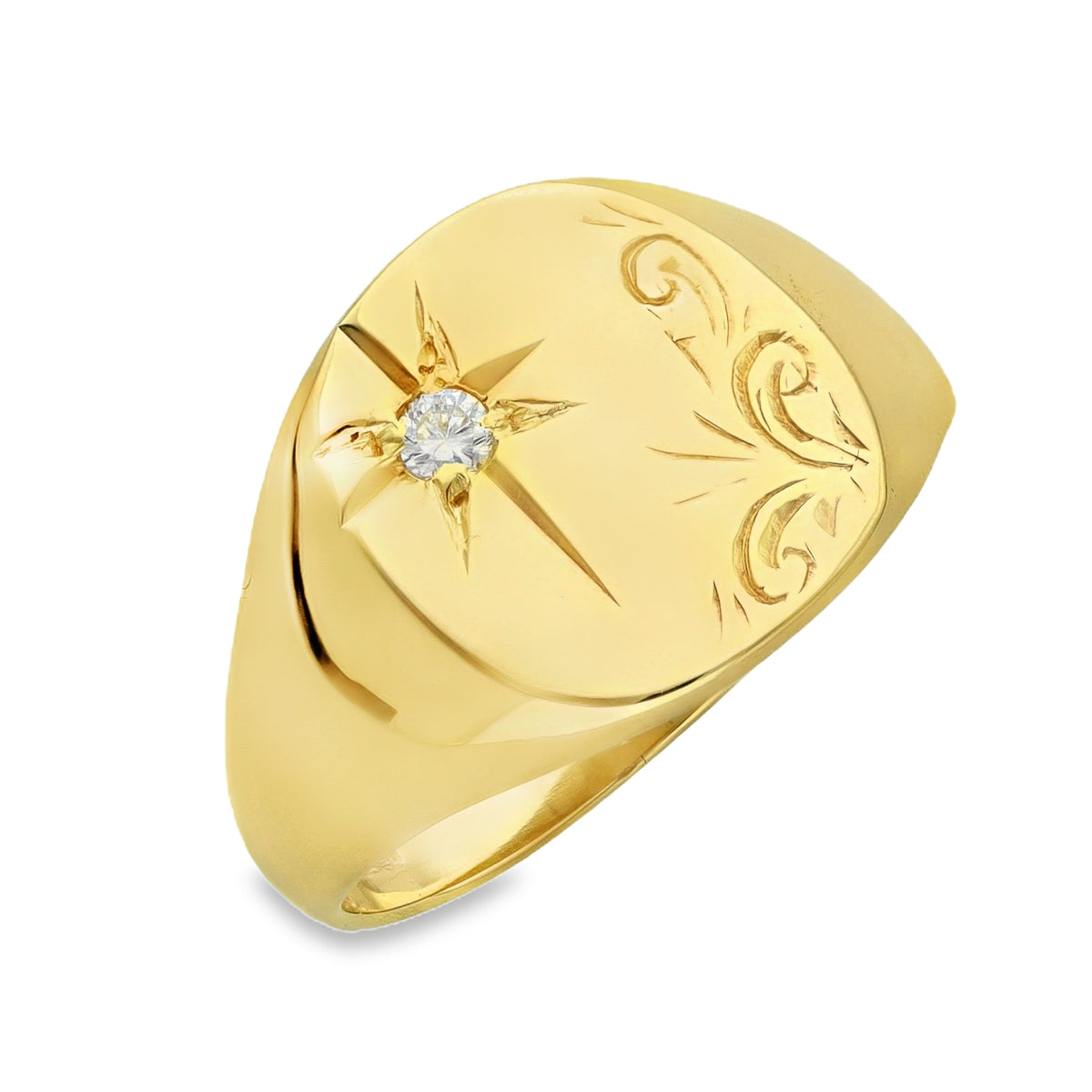 9ct Yellow Gold Diamond Cushion Signet Ring - Size R - 0.04ct