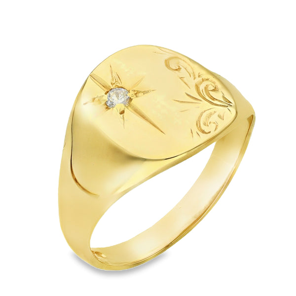 9ct Yellow Gold Diamond Cushion Signet Ring - Size R - 0.04ct