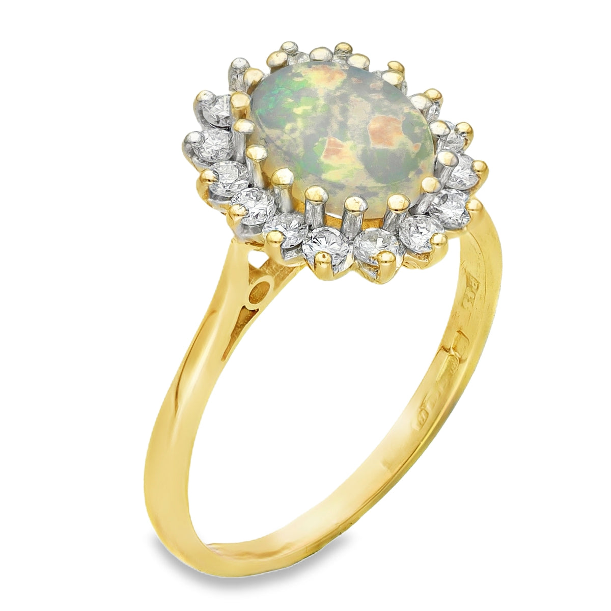 18ct Yellow Gold Oval Opal & Diamond Cluster Ring - 0.50ct