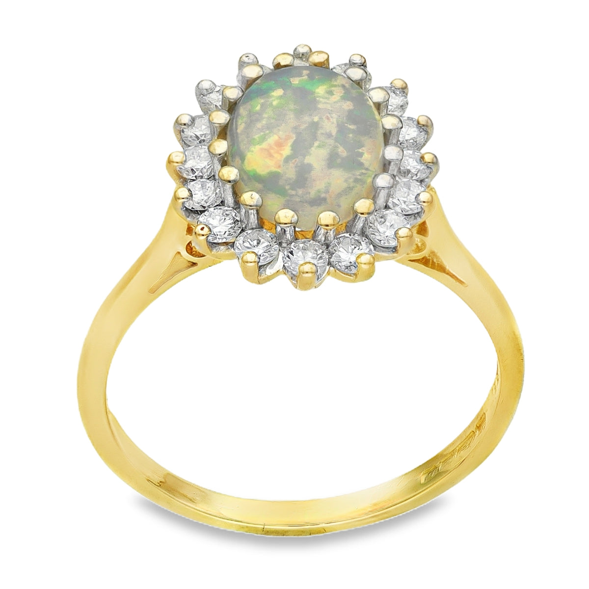 18ct Yellow Gold Oval Opal & Diamond Cluster Ring - 0.50ct