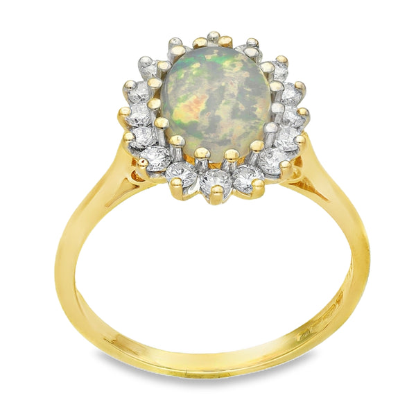 18ct Yellow Gold Oval Opal & Diamond Cluster Ring - 0.50ct